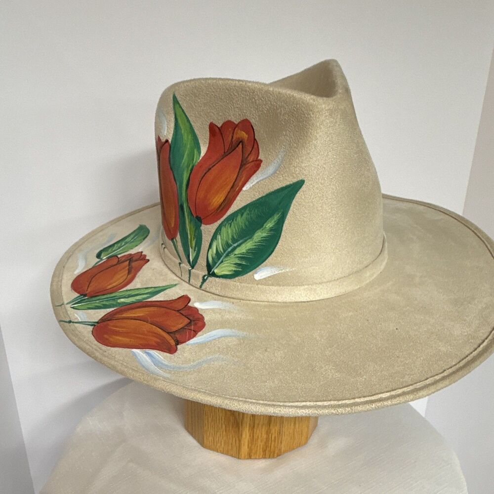 Chida Frida Hand-Painted Tulip Fedora Hat Size Medium Tan Beige